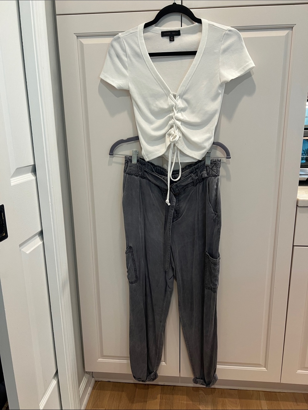Free People -Rise Cargo Jogger Pants in Charcoal Gray ruched white top